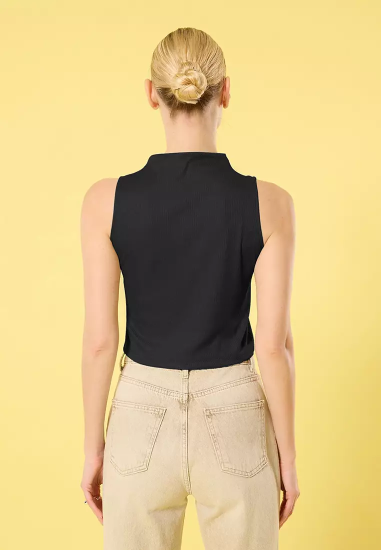 Black Gathered Detail Regular Pattern Crop Knitted Blouse Twoss25Bz00262