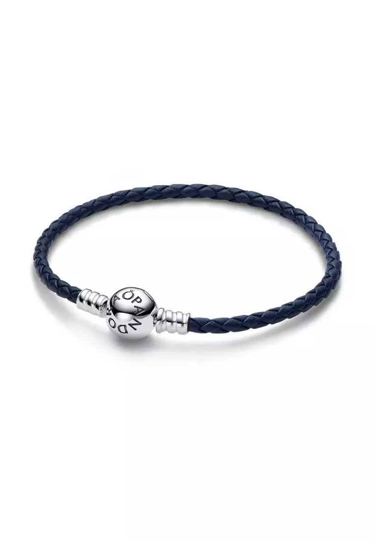 Pandora Moments Round Clasp Blue Braided Leather Bracelet