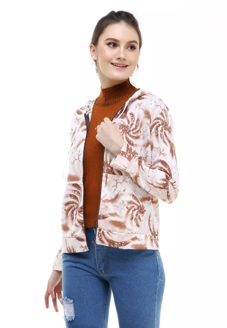 Aciel Jaket Hoodie Tie Dye Lengan Panjang Outerwear Wanita - Coklat