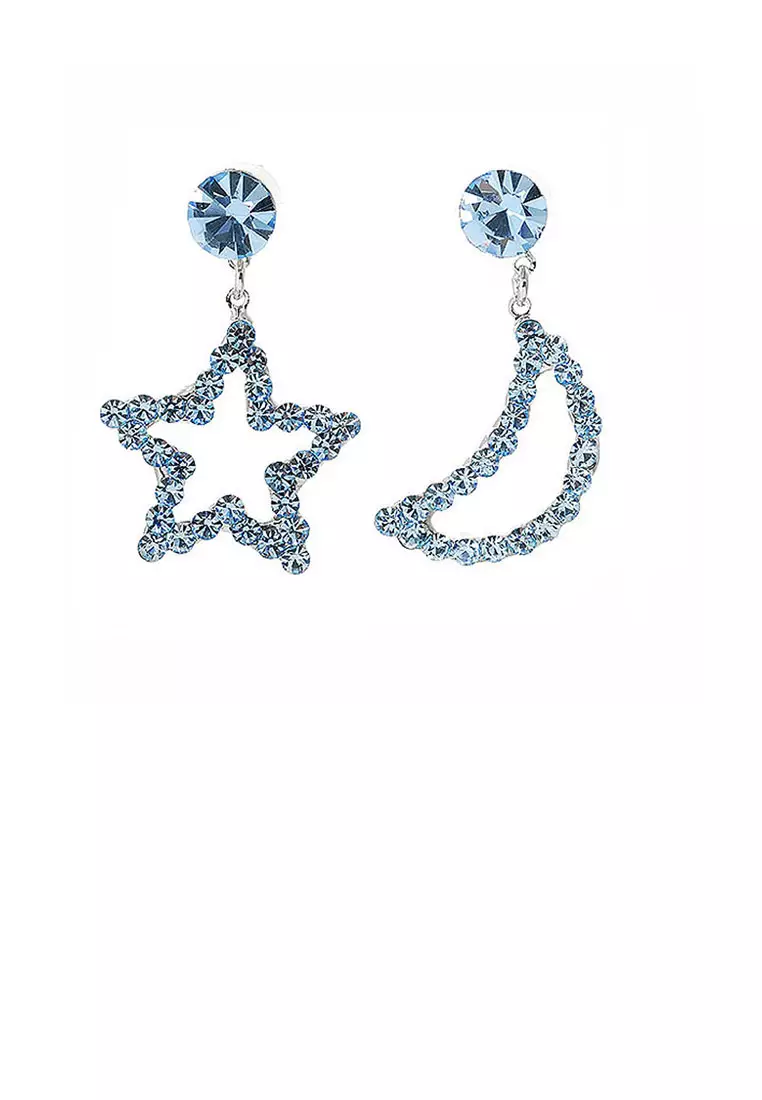 Star & Moon Earrings with Light Blue Austrian Element Crystals and CZ bead