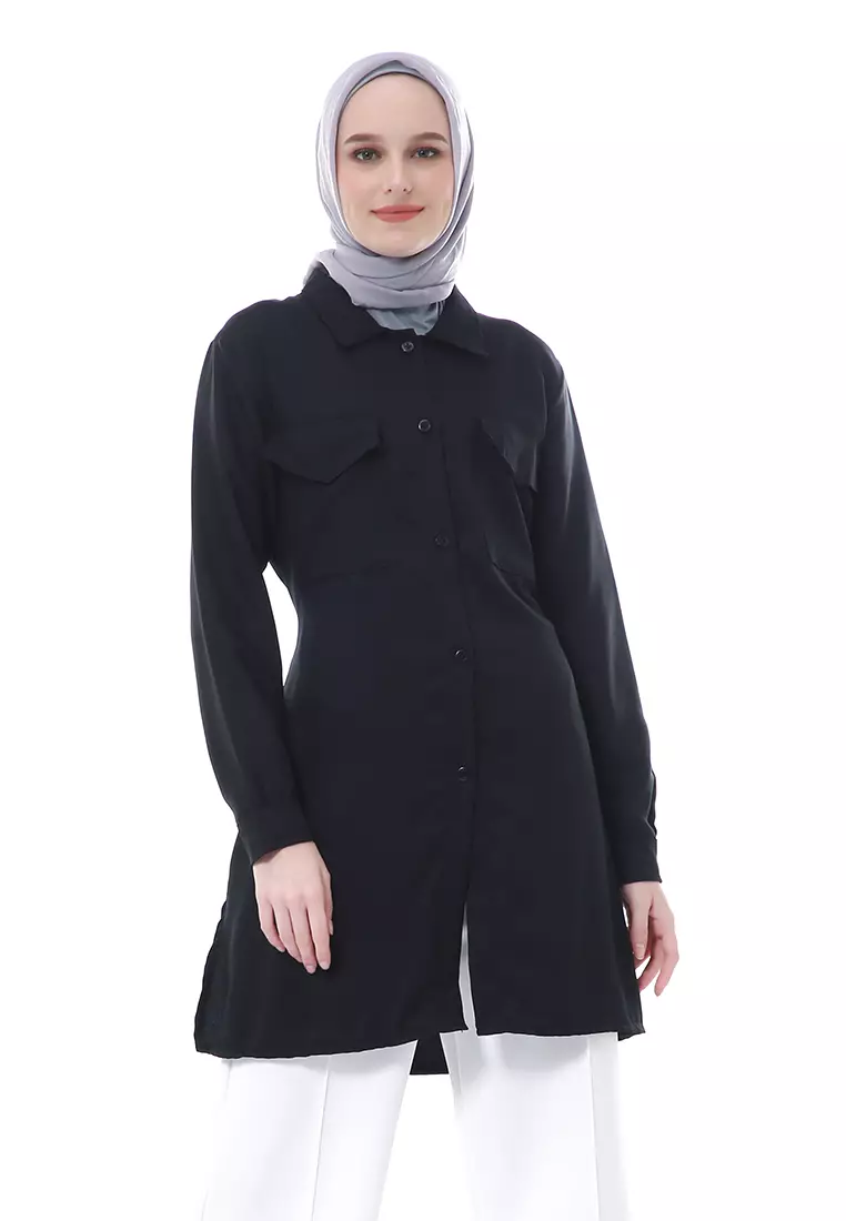 Babyla Long Tunik Pakaian Atasan Muslimah Wanita Motif Polos - Hitam