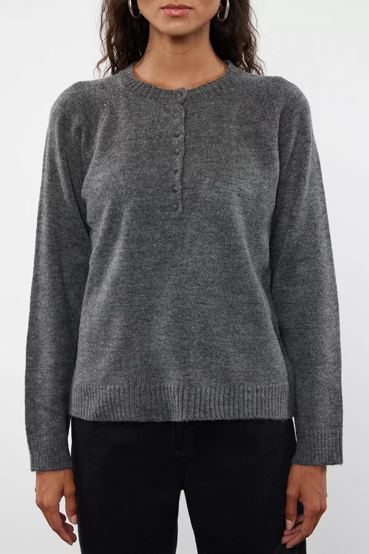 Anthracite Soft Texture Button Detailed Knitwear Sweater