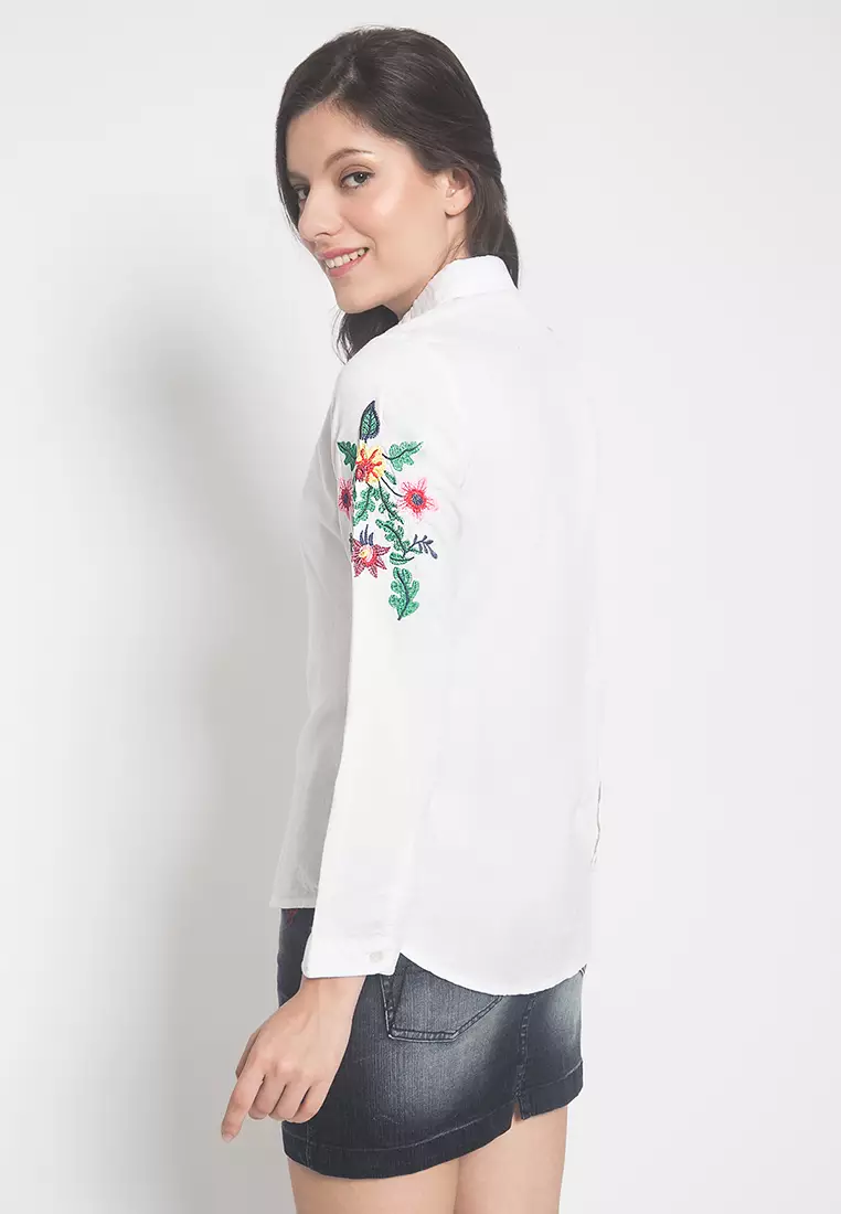 LGS - Slim Fit - Kemeja Wanita - Lengan Panjang - Motif Gambar Bunga - Putih