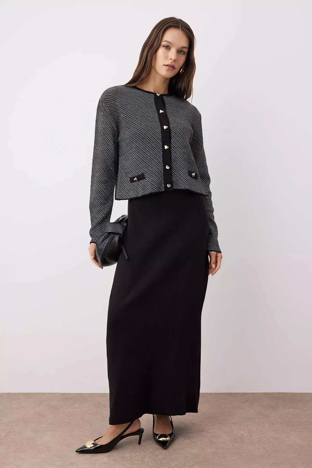 Black Heart Button Detailed Knitwear Dress - Cardigan Set Tctaw26Us00017