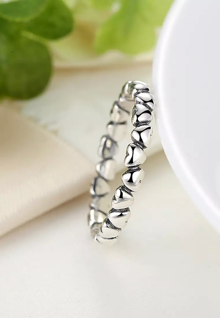 Solid 925 Sterling Silver Many Love Heart Band Ring