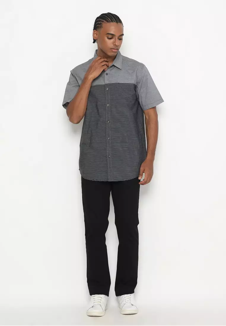 RBJ Kemeja Salur Kombi Hitam Regular Fit Pria