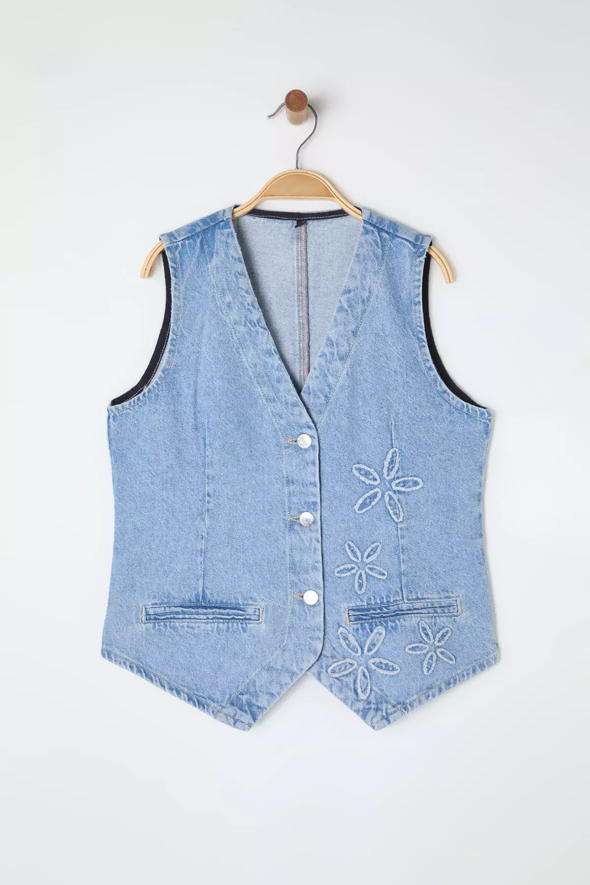 Light Blue Floral Embroidered V Neck Denim Vest TWOSS25YE00003