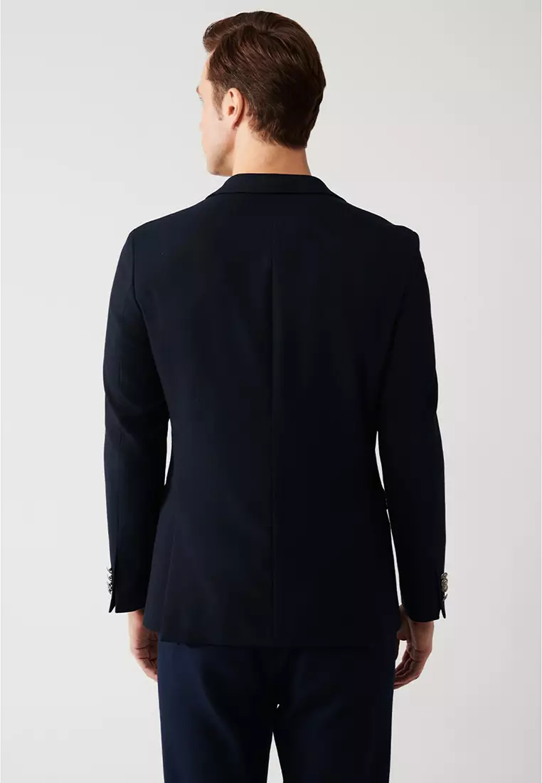 Men's Navy Blue Flap Pocket Lined Double Slit Woolen Jacket A32Y4029