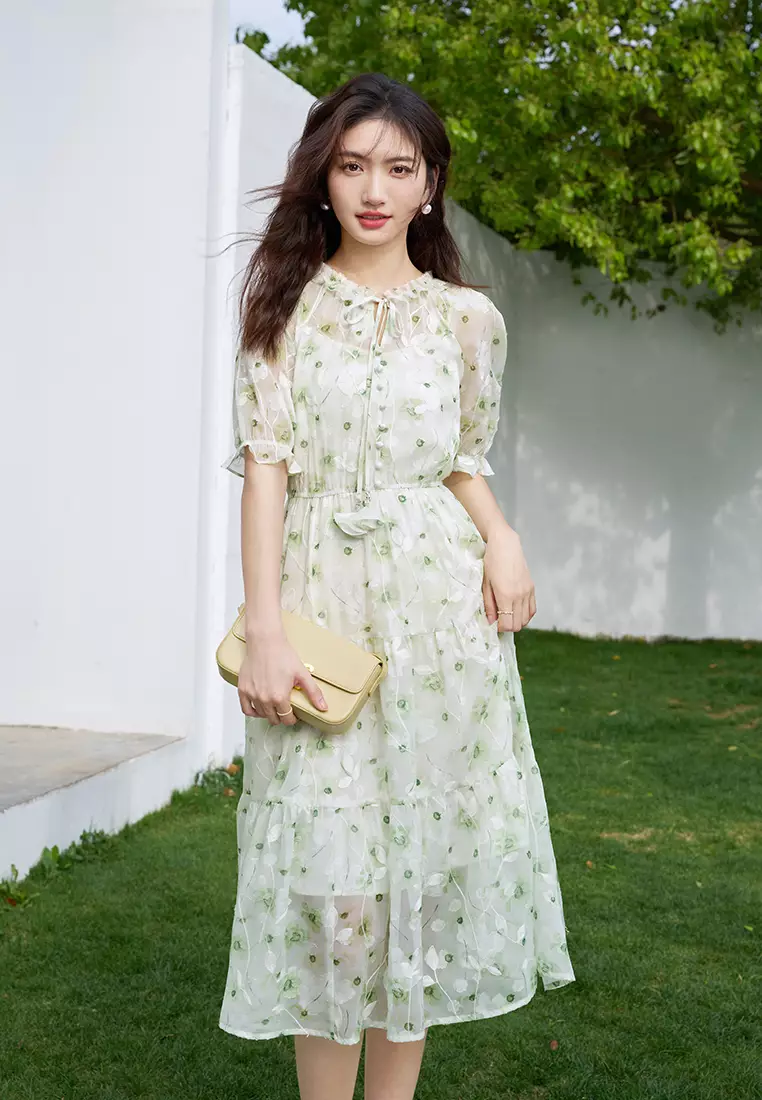 Ruffled Sleeve and Collar Tiered Floral Dress