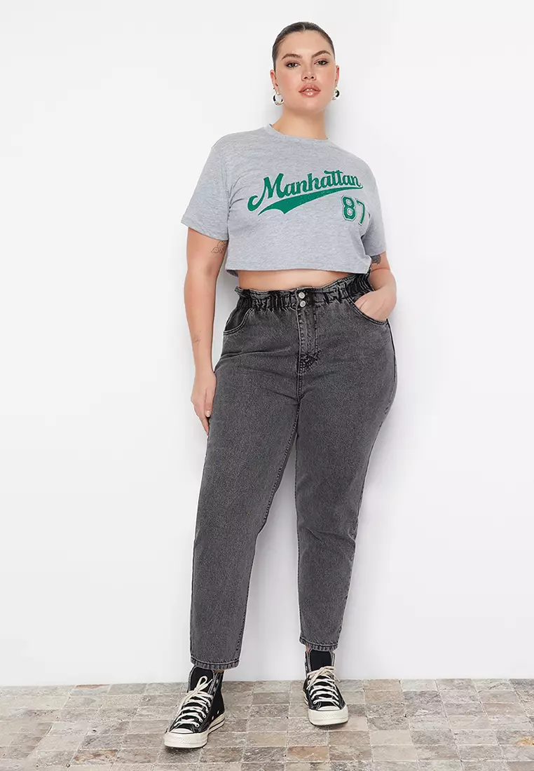 Gray High Waist Elastic Waist Mom Jeans TBBAW23JE00002