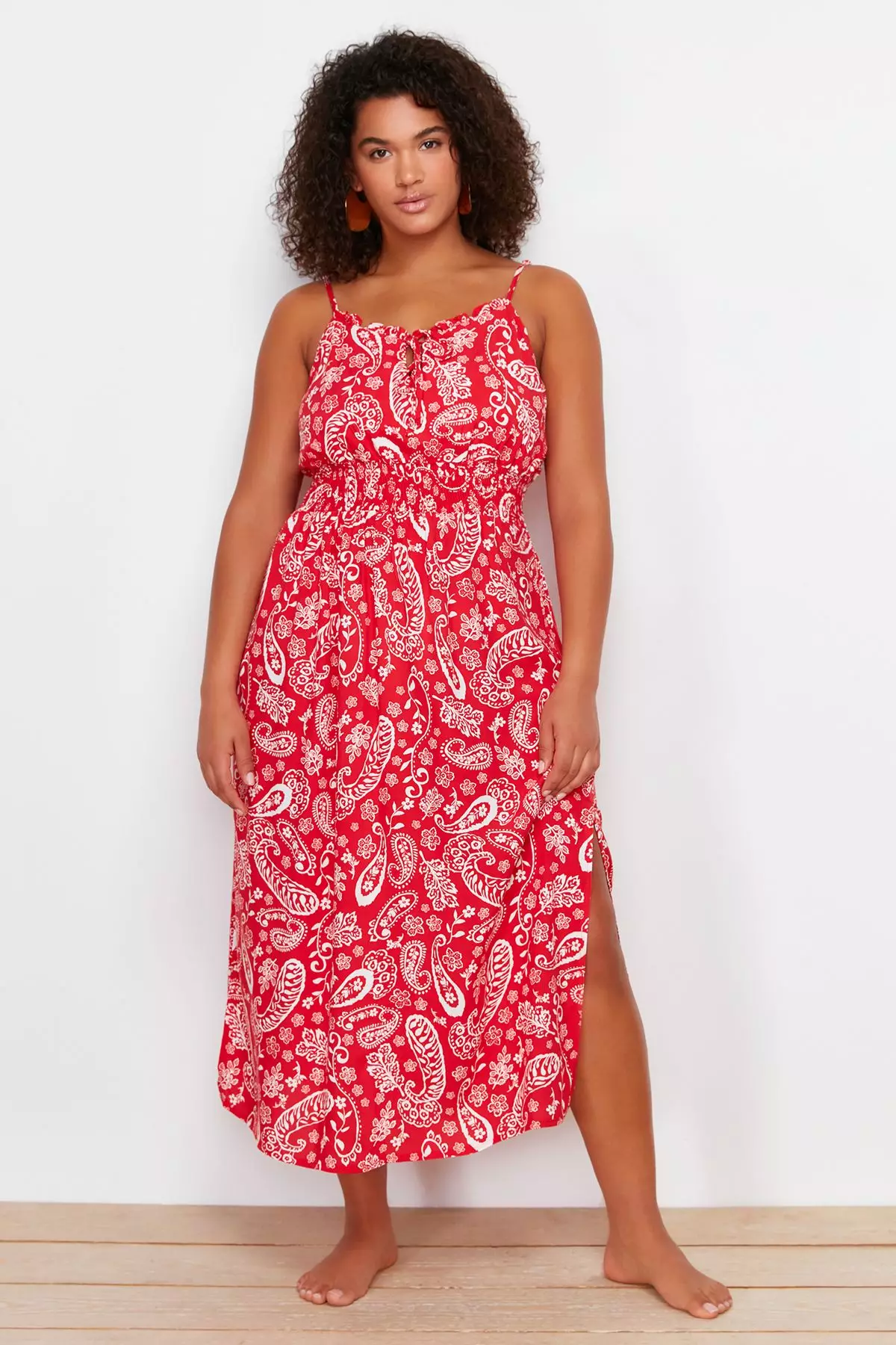 Jual Trendyol Plus Size Printed Elastic Waist Beach Dress Original