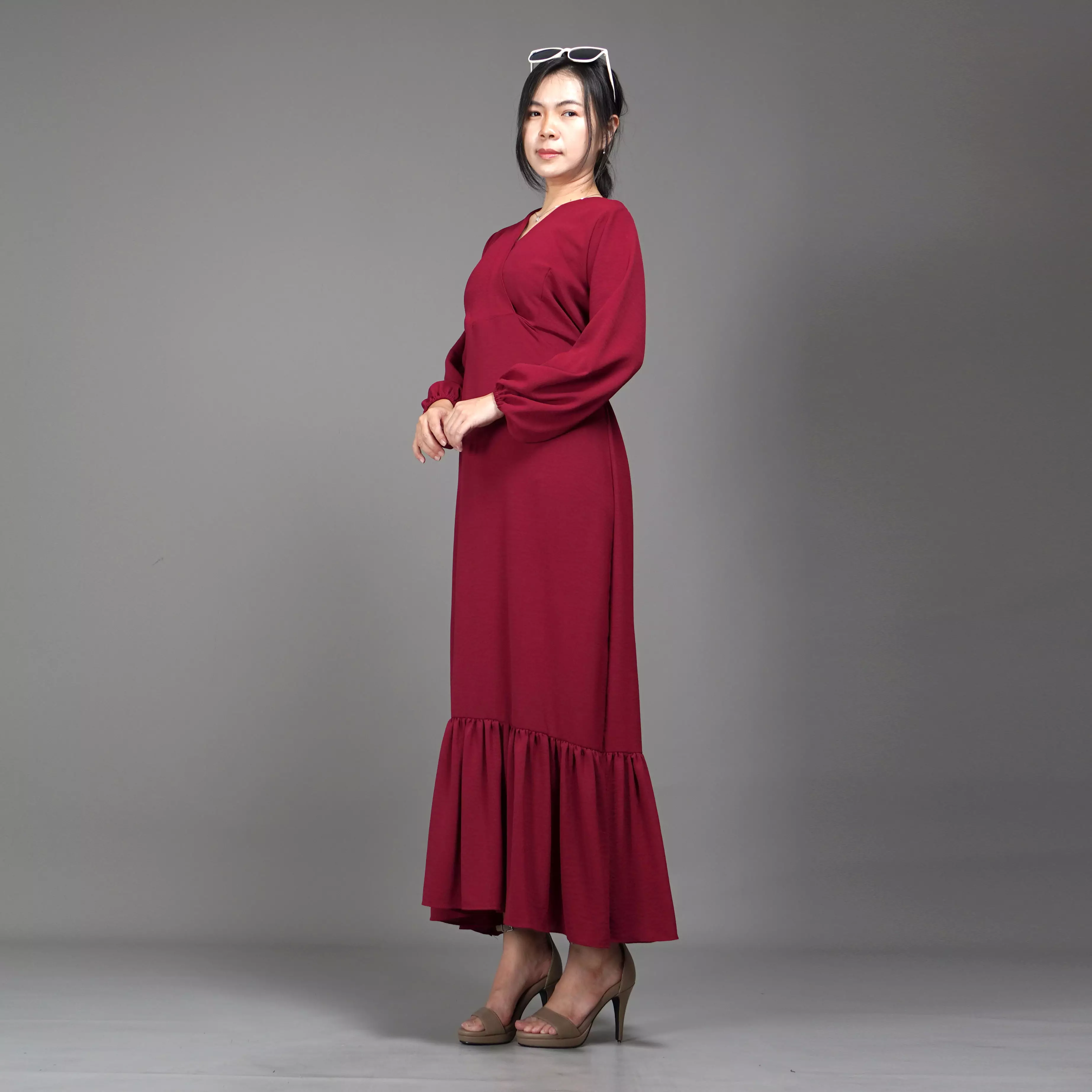 DRESS JULIA Long Dress Gaun Pesta Midi Dress Gaya Korea - Marun