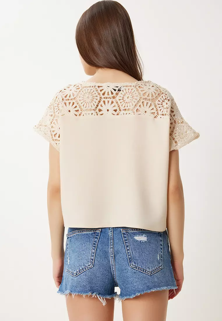 Women's Cream Lace Detailed Woven Blouse Ok00069