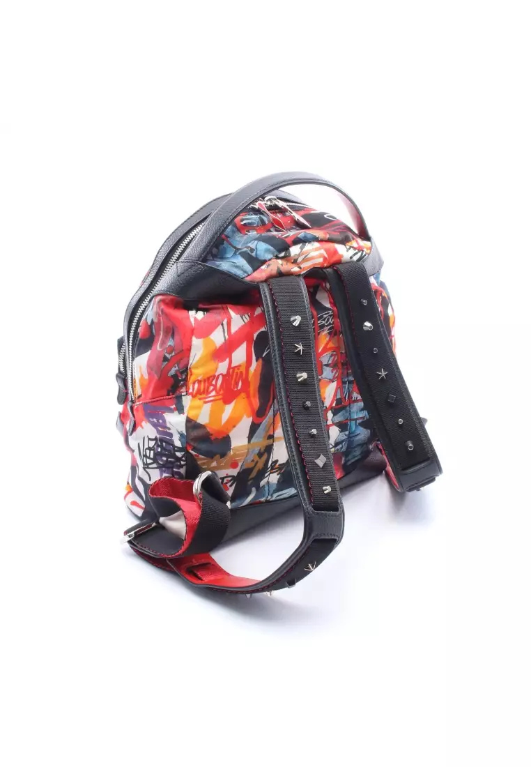 Pre-Loved CHRISTIAN LOUBOUTIN BACKLOUBI SMALL Backpack rucksack Nylon leather rubber black Red multicolor