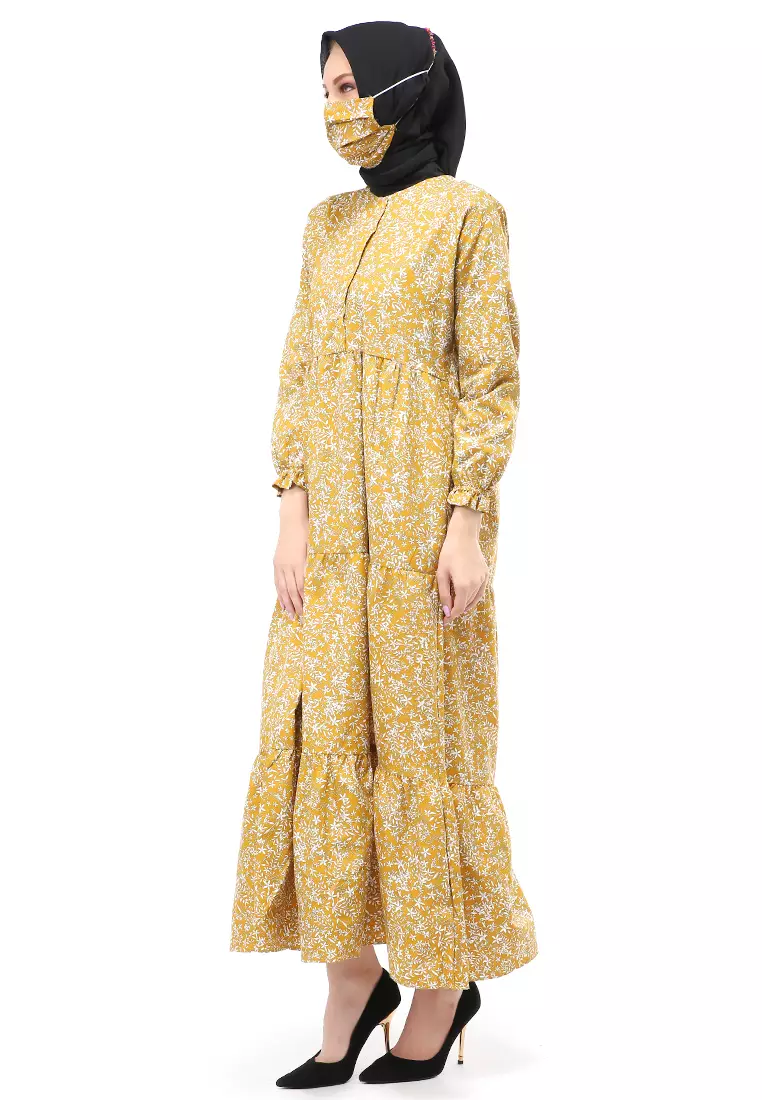 Hani Gamis Homey Long Dress Wanita Lengan Panjang Free Face Mask Regular Fit - 1 Kuning