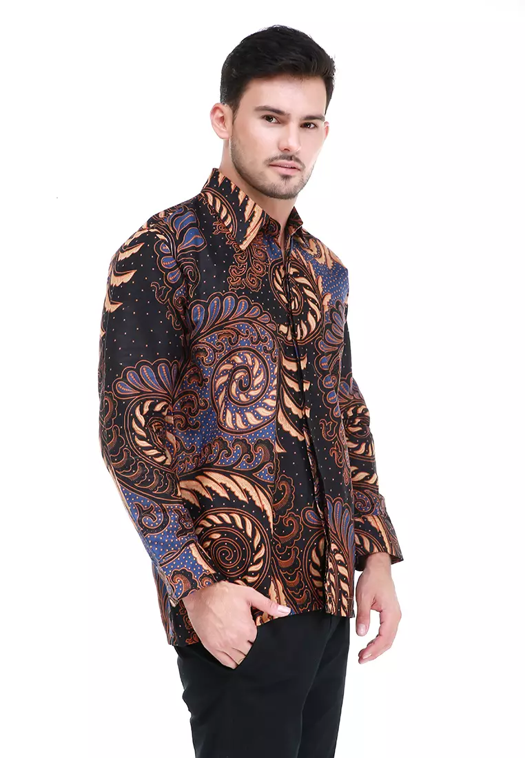 Dwan Kemeja Batik Pria Puser Motives Atasan Formal Longsleeve Shirt Material Cotton ORIGINAL - Navy