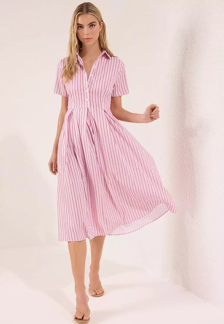 Pink Striped Skirt Waist Open Half Placket Midi Woven Dress Twoss25El00187