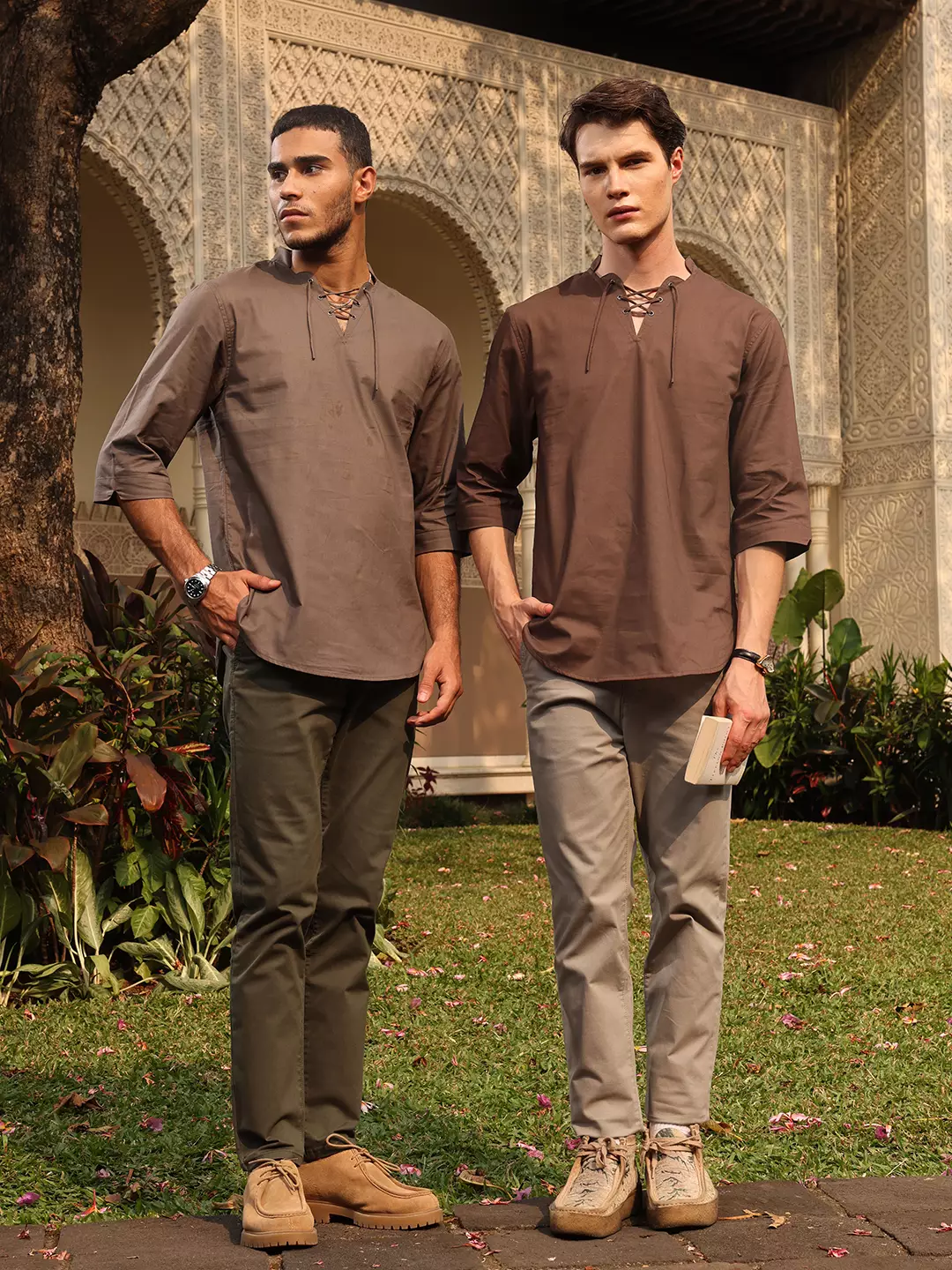 OXCON ZUHUD Kemeja koko Modern Linen Look Collarless Shirt Mid Brown