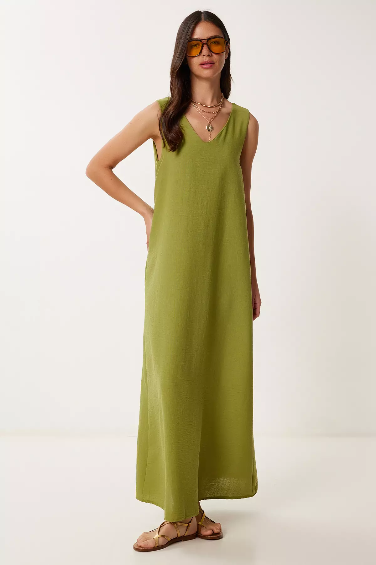 Women's Oil Green Sleeveless Basic Summer Linen Dress Dz00128