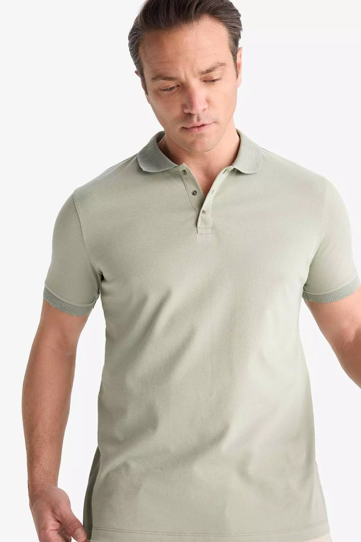 Slim Fit Slim Fit Polo Neck Short Sleeve Textured Basic Solid T-Shirt T5259Az25Sm