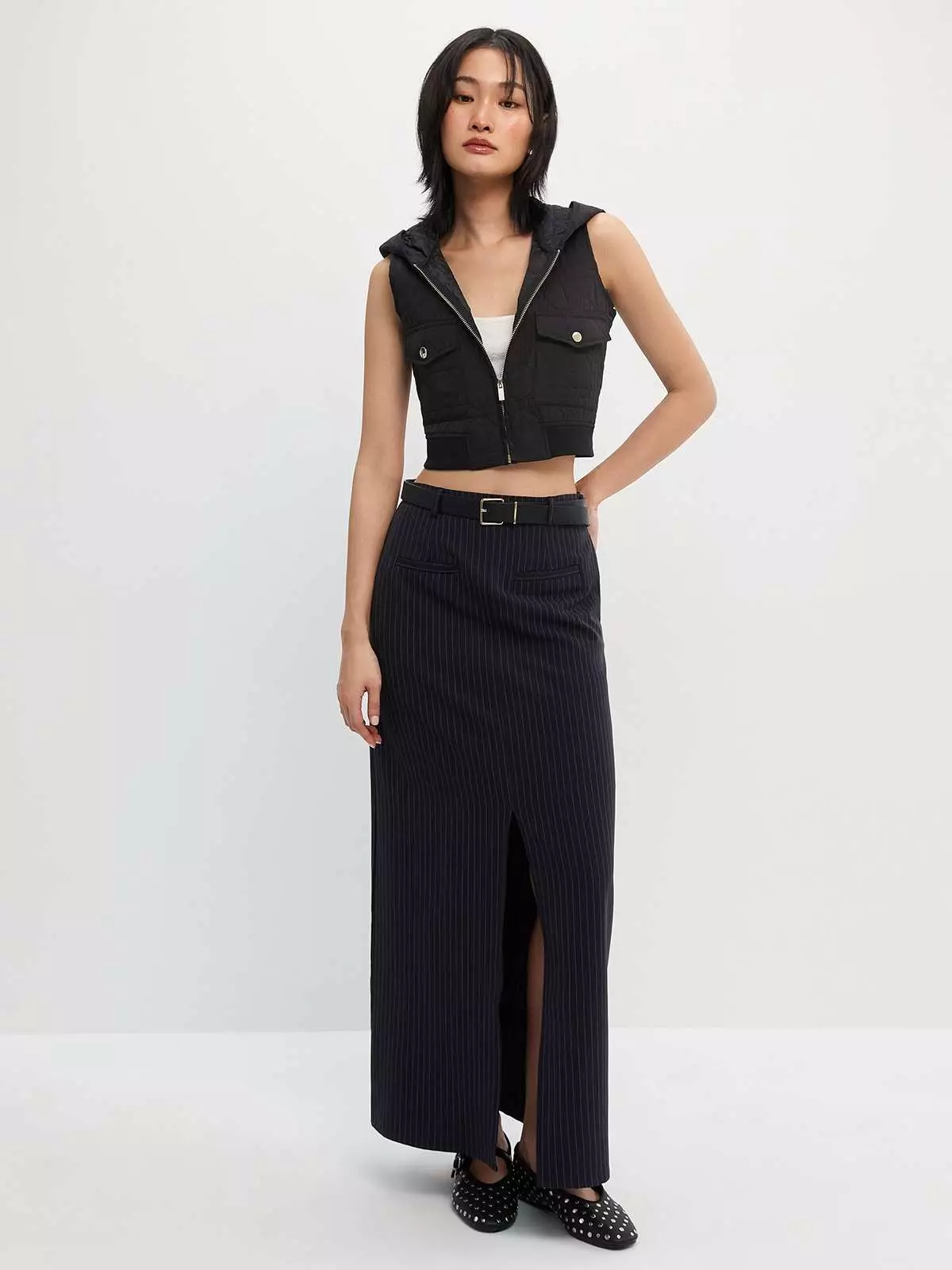 Double Weave Quilted Zipper Hoodie Vest - Black