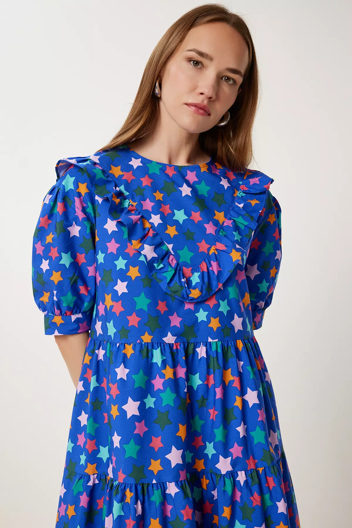 Women Dark Blue Patterned Summer Midi Poplin Dress Fk00032