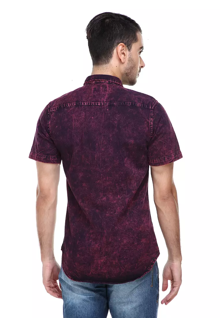 Dwan Shirts Kemeja Jeans Sandwash Kasual Model Slim Fit Material Denim ORIGINAL - Maroon