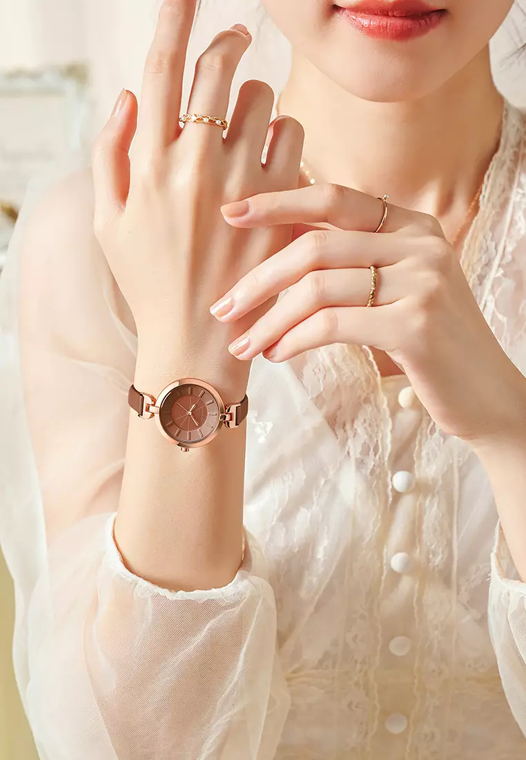 Jam Tangan Wanita Anggun Gaya Tali Kulit Anti Air Kuarsa Jam Tangan Cowok warna coklat