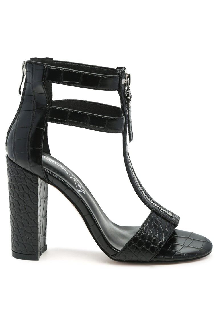 Black Zip Up Croc Textured Sandals