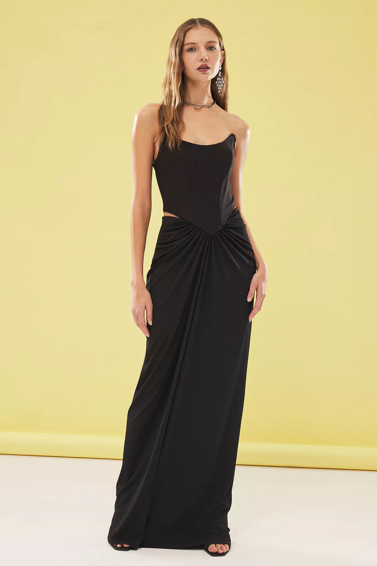 Black Waist Cut-Out Detail Corset Look Long Elegant Evening Dress