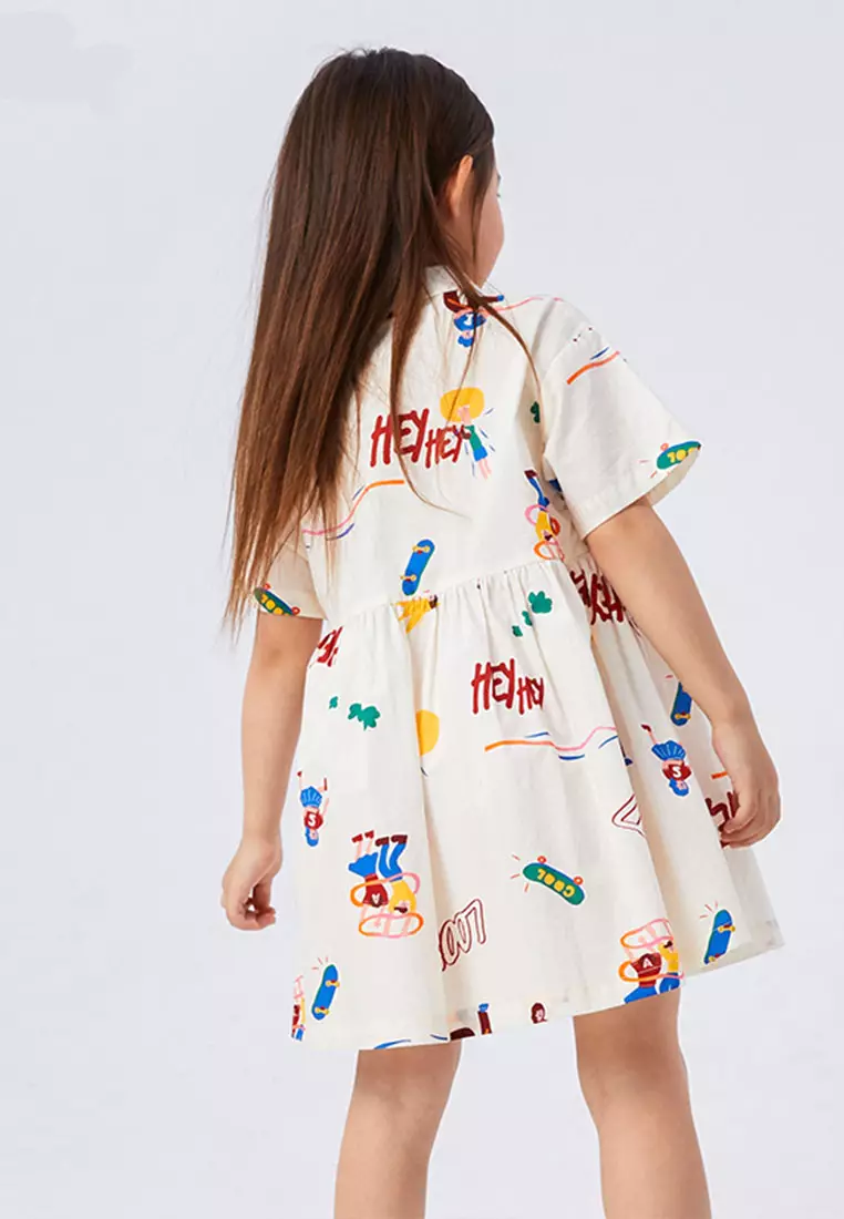 女大童短袖连衣裙趣味圆领满底印花衬衫裙