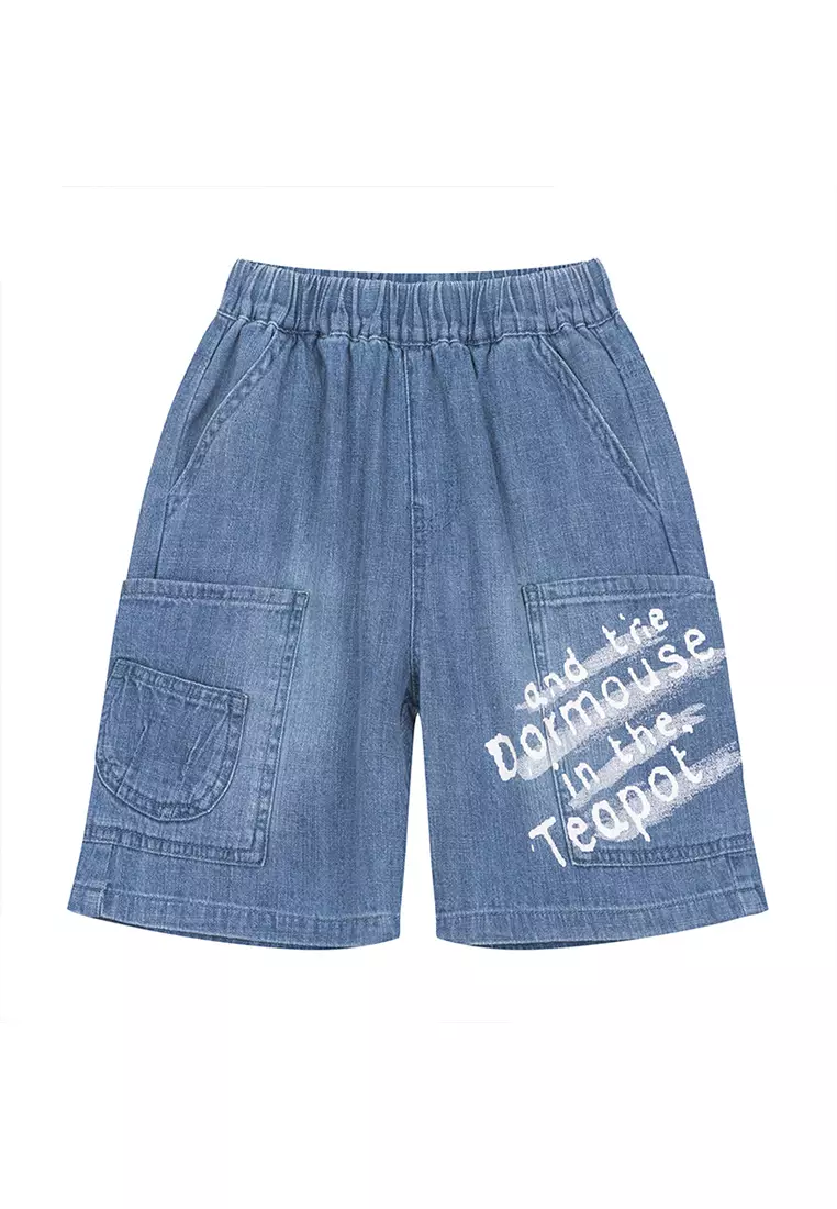 Denim Shorts With Letter Print And Side Pocket