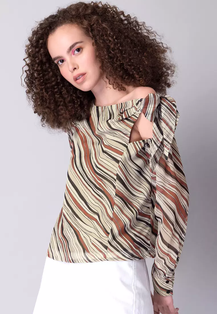 Beige Abstract Boat Neck Tie Up Blouse