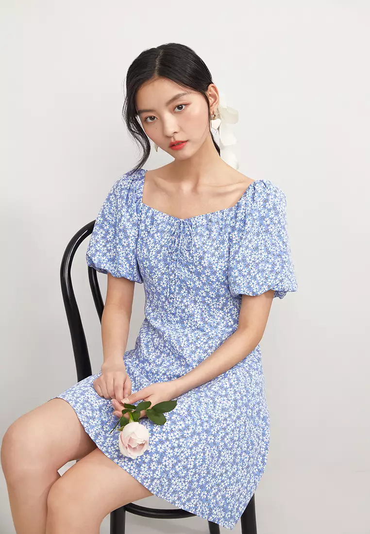 Puff Sleeve Square Neck Mini Dress