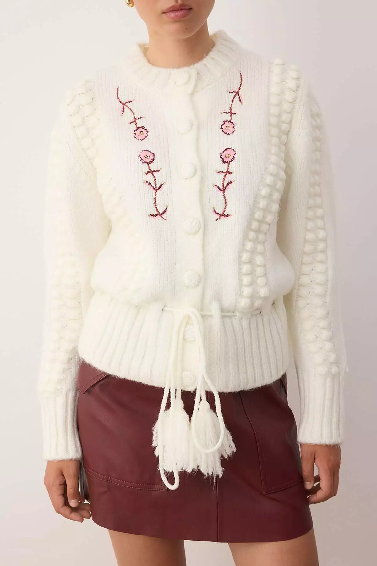 Ecru Soft Texture Embroidered Knit Cardigan