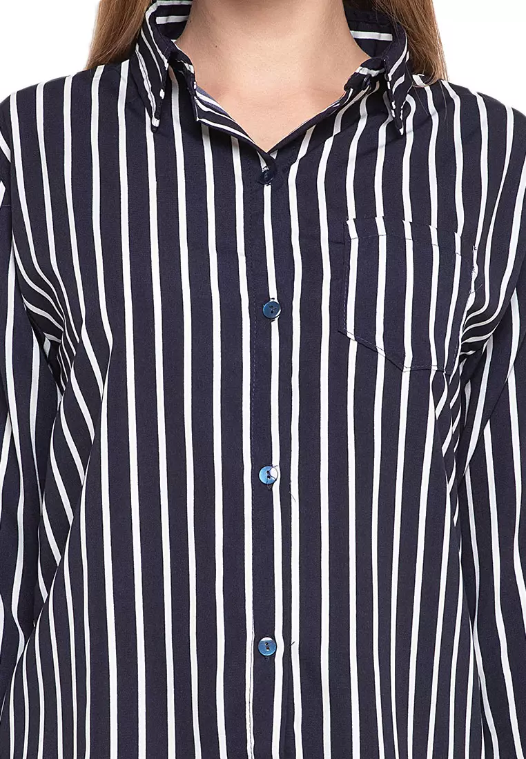 Anne Kemeja Long Sleeve Motif Stripe Atasan Wanita Casual - Navy