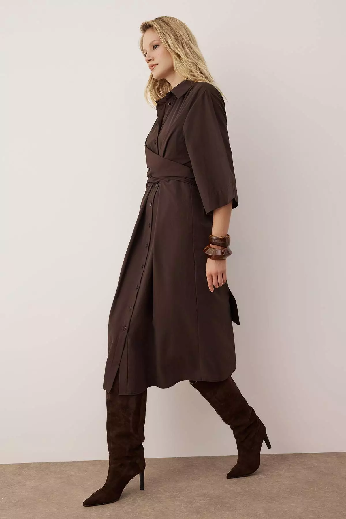 Body Unselective Dark Brown Waist Belt Detailed Woven Dress Twoaw26El243