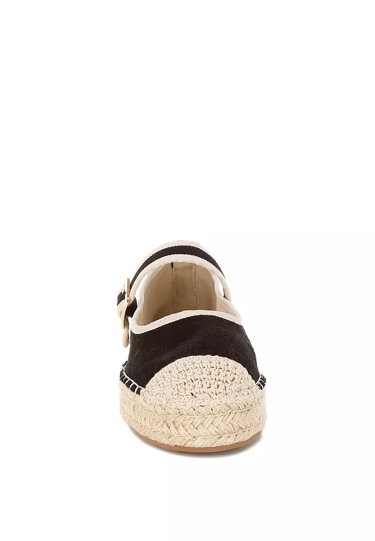 Sepatu Espadrilles Mary Jane Kulit Suede Lembut Warna Hitam