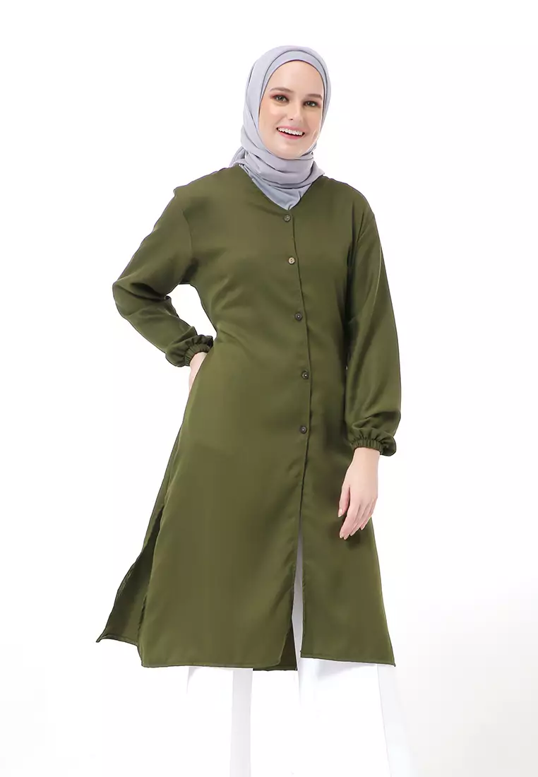 Indira Long Tunik Muslimah Atasan Wanita Long Sleeve Casual Premium Quality - Army