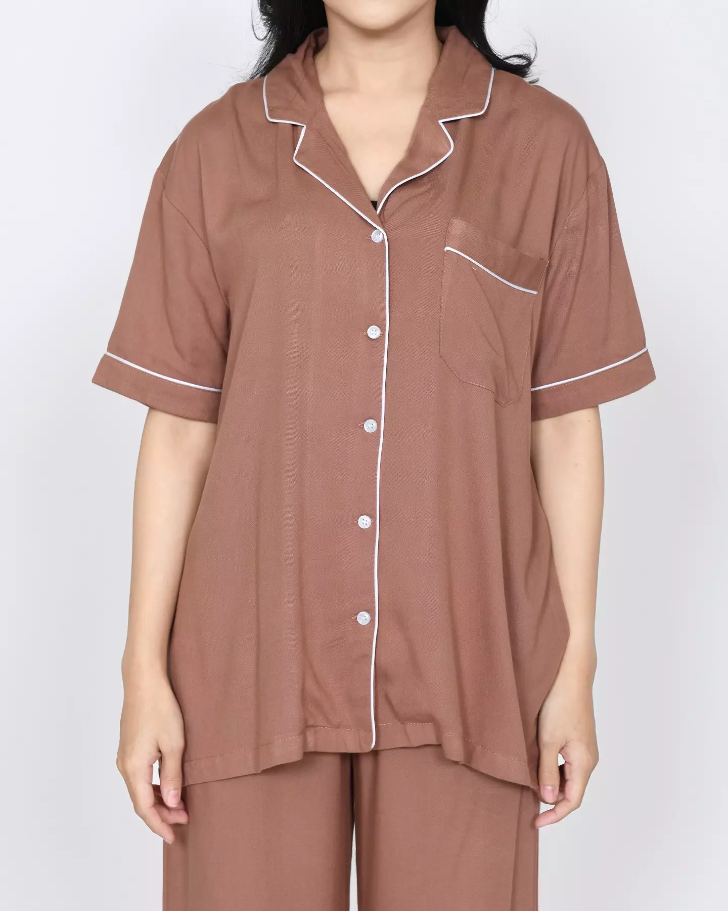 Cotton Oversized Rae COKLAT Set Piyama Celana Panjang Polos FREE SLIP ON