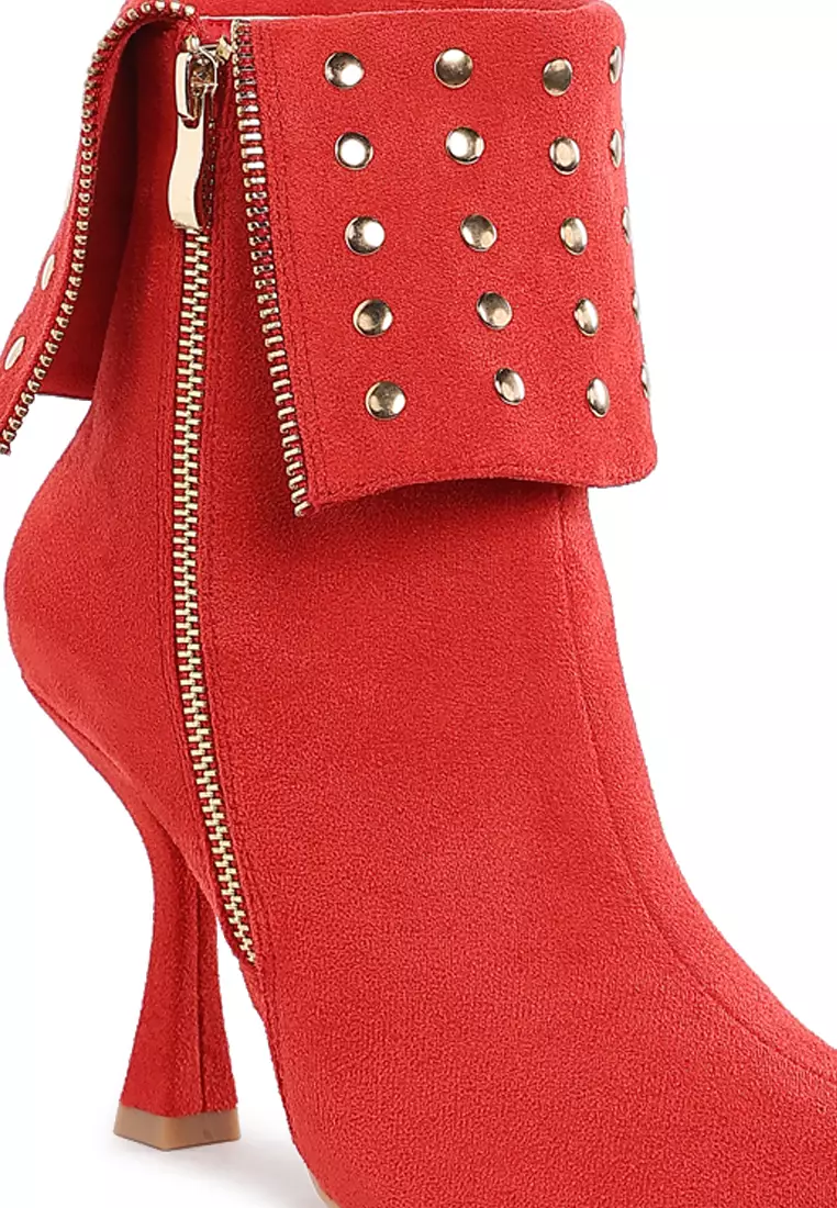 Stud Embellished Foldover Boots in Red