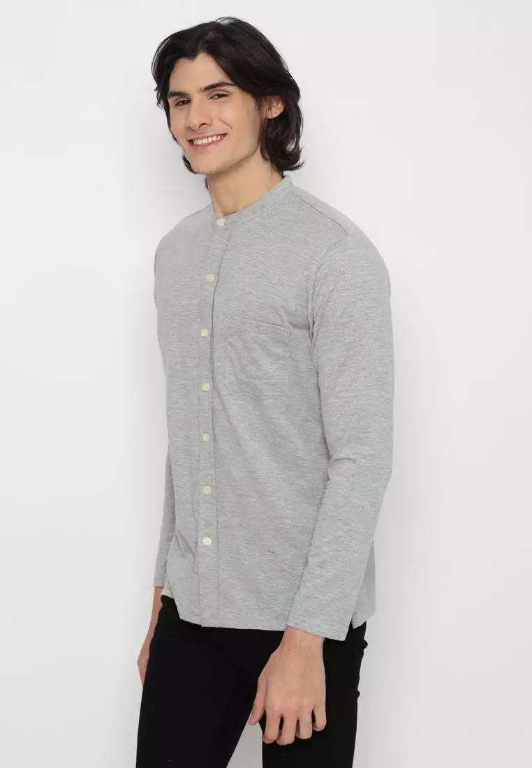 MATSUDA Kemeja Pria Polos Kerah Shanghai Lengan Panjang Katun Koshigaya