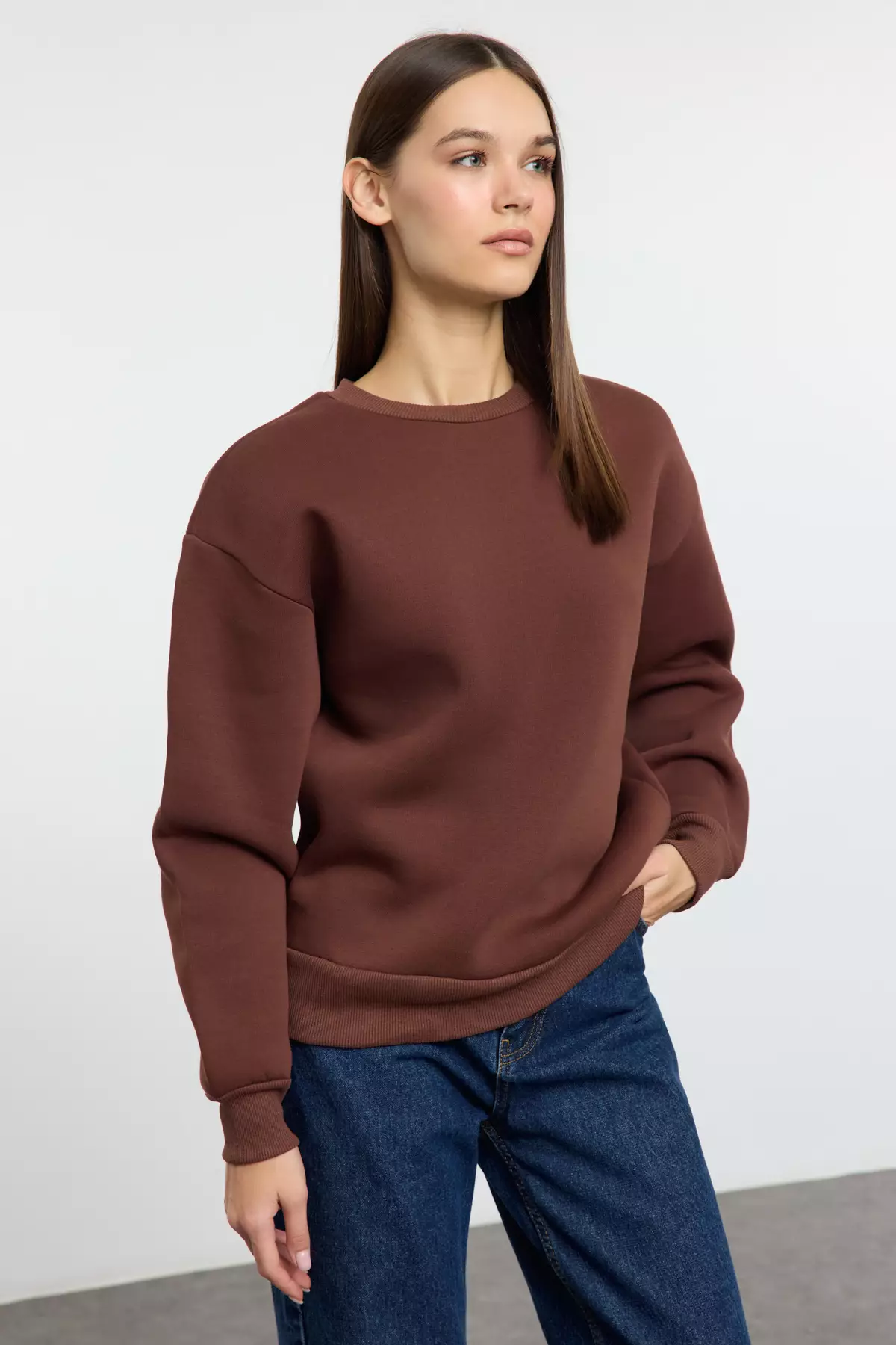 Thick Cut Brown Fleece Crew Neck Sweatshirt