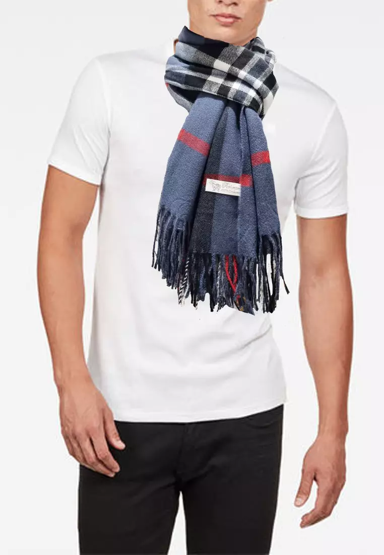 Aksesoris Pria Checked Plaid Cashmere Men's Shawl Syal Pria Navy Blue
