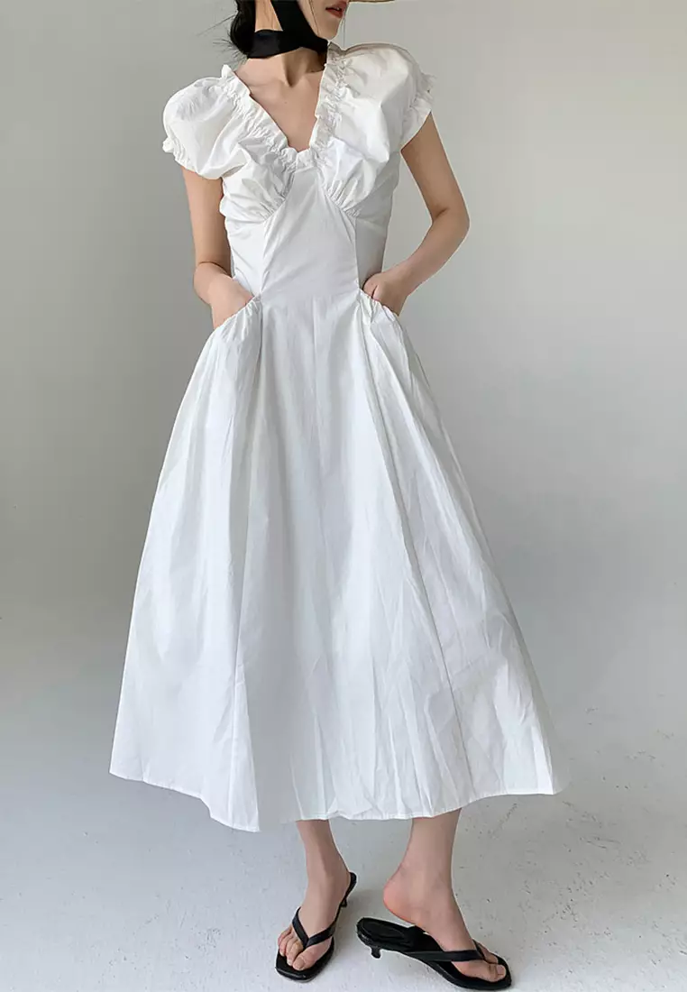2025夏季法式v領泡泡袖連衣裙CA25061714W