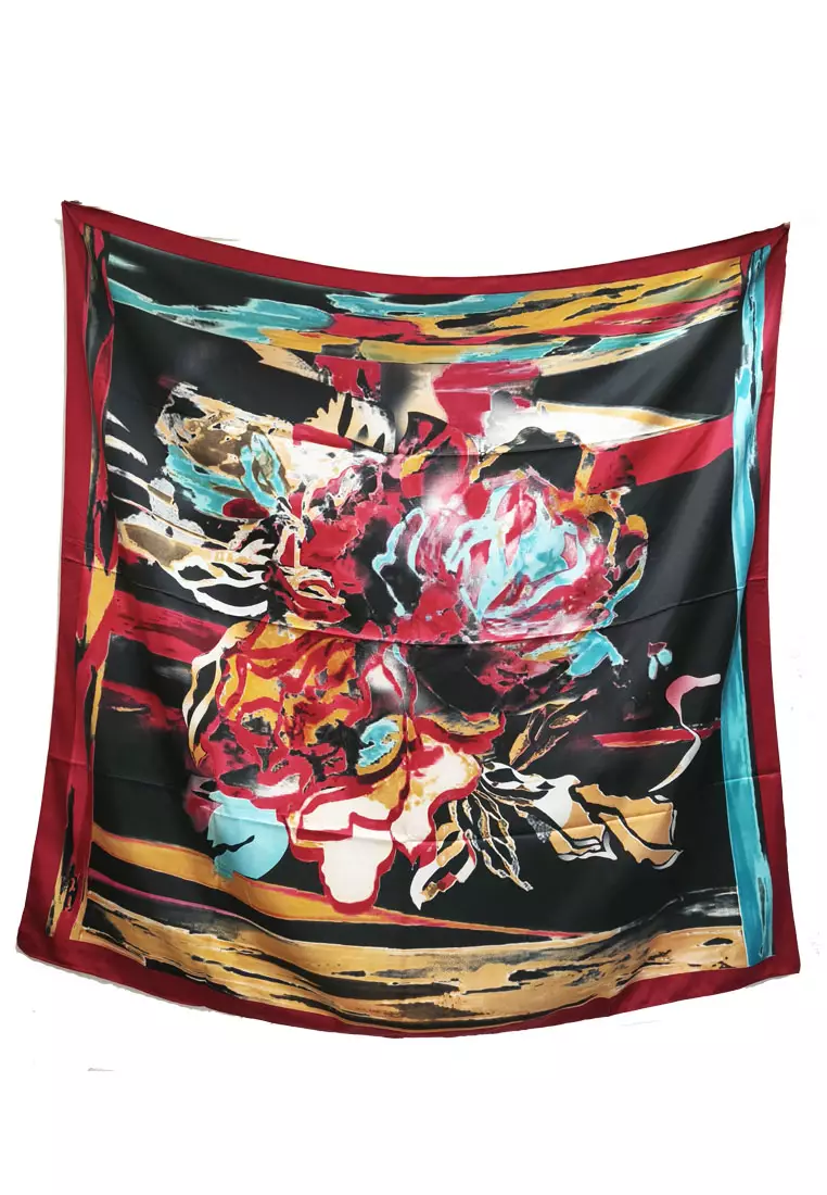 Water Colour Effect Rosy Hijab Segi Empat Kerudung Silky Satin Square Scarf Black & Red