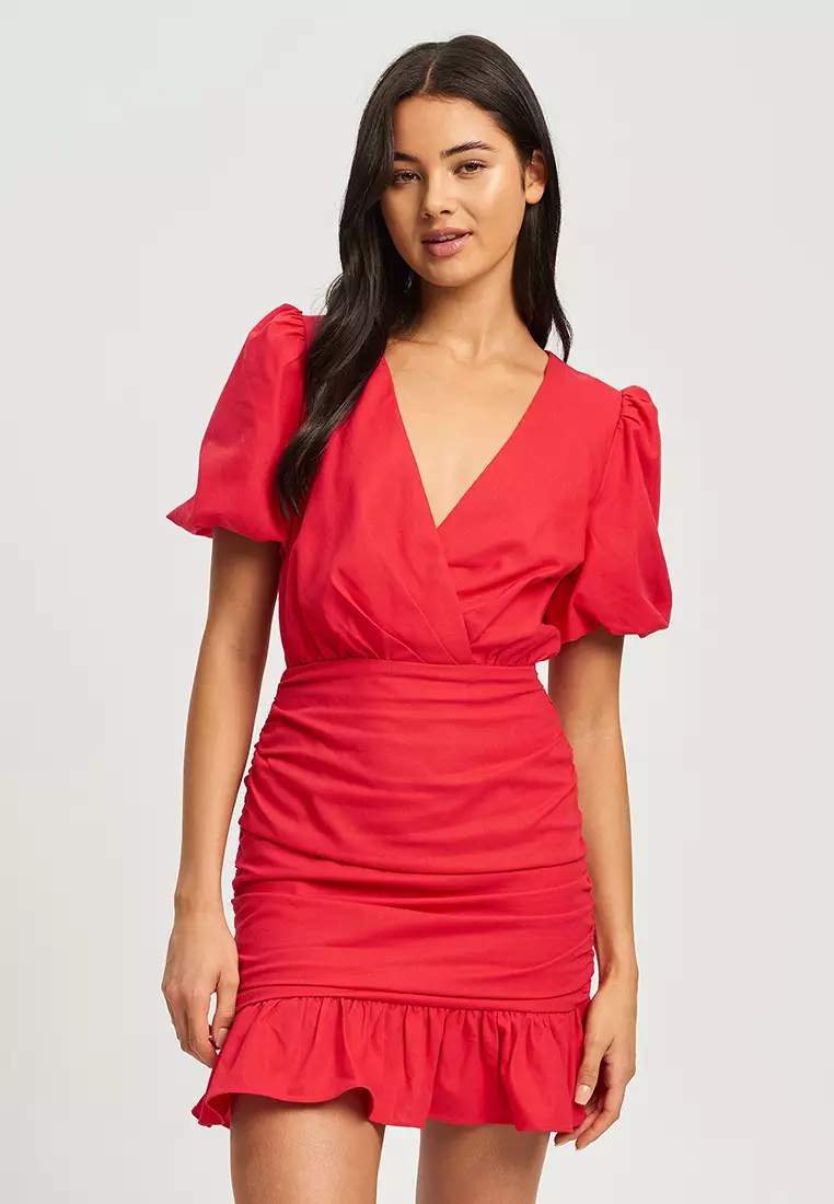 Red short clearance sleeve wrap dress