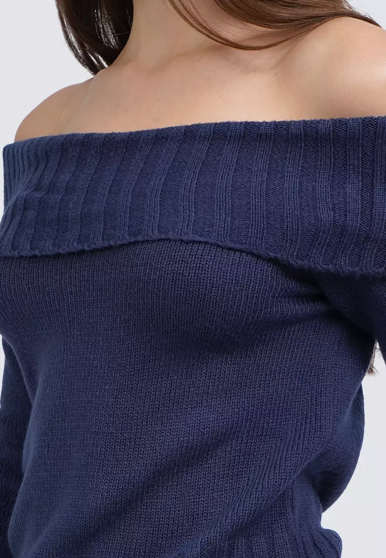 Off Shoulder Long Sleeve Sweater NAVY