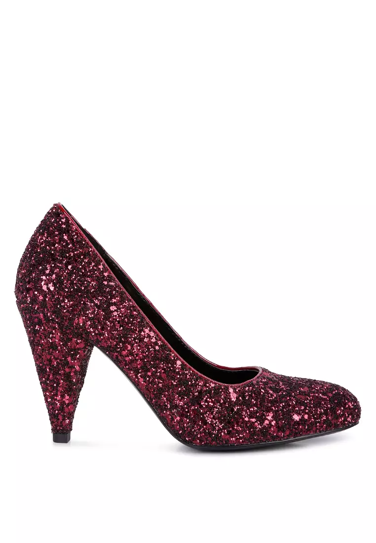 Discount on London Rag  shoes - SKU: Burgundy Glitter Conical Heel Pumps