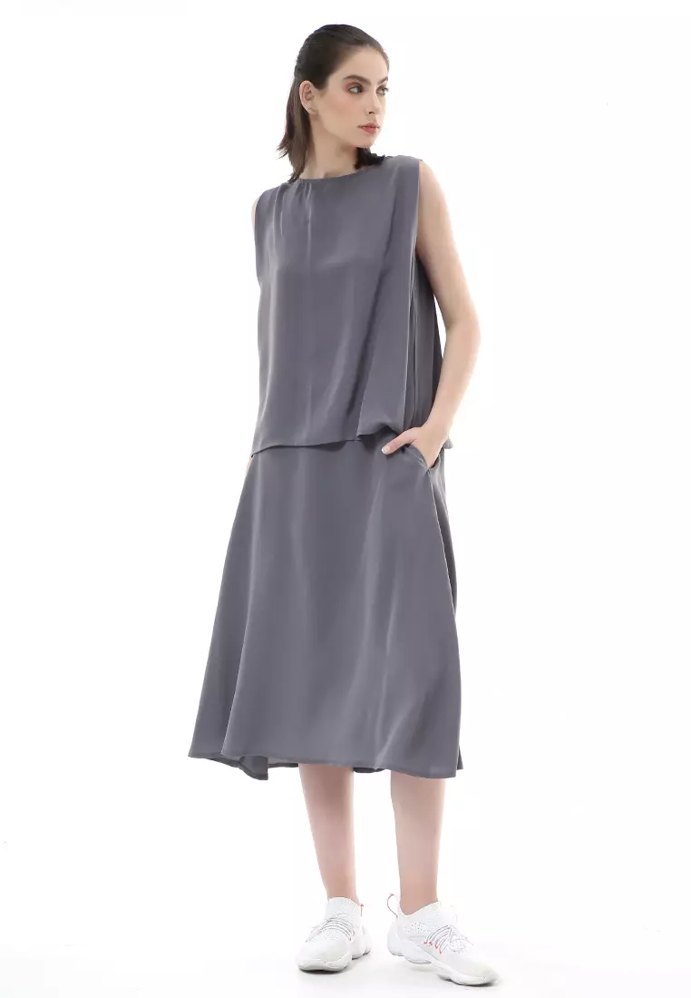 Nayra Set Atasan Wanita Setelan Tanpa Lengan with Long Skirt Motif Polos Material Chiffon Cathy ORIGINAL - Dusty Blue